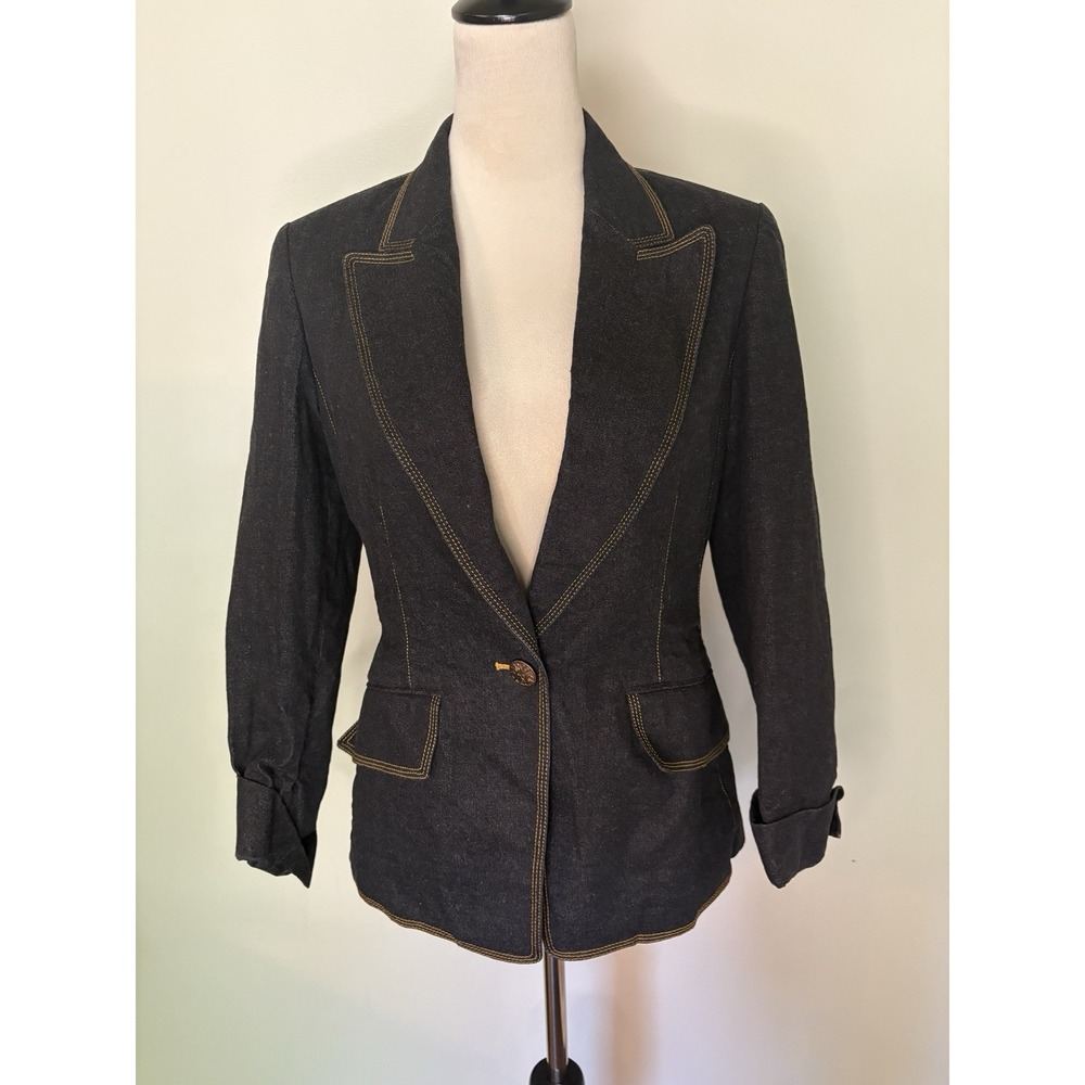 Anne Klein NY Vintage Y2K Blue Denim Blazer Jacket Contrast Stitch 6 P Petite